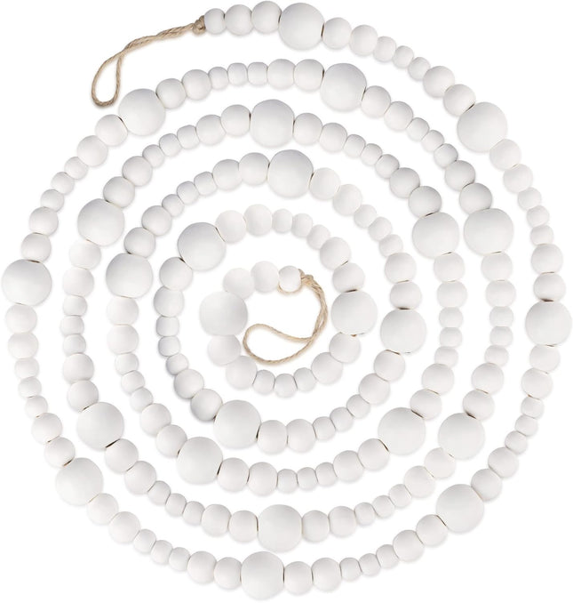 9 Foot White Wood Bead Ball Christmas Garland Wooden Christmas Tree Garland Perfect for Rustic Natural Country Farmhouse Vintage Trees Boho Home Decor Decorations Assorted Wood Bead Sizes