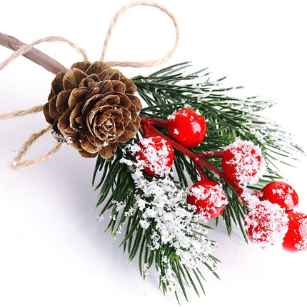 10 Pcs Christmas Berries Pine Cones for DIY Crafts-Christmas Tree Picks Spray Evergreen Artificial Pine Branches Holly Stem,Xmas Garland Décor, Wrap Embellishment (Red)