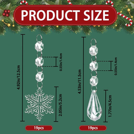 YUJUN 38PCS Christmas Tree Crystal Decorations Winter Snowflakes Christmas Icicle Drops Ornaments Hanging Chandelier Pendants Beads for Xmas Winter Year Wedding Party Decor