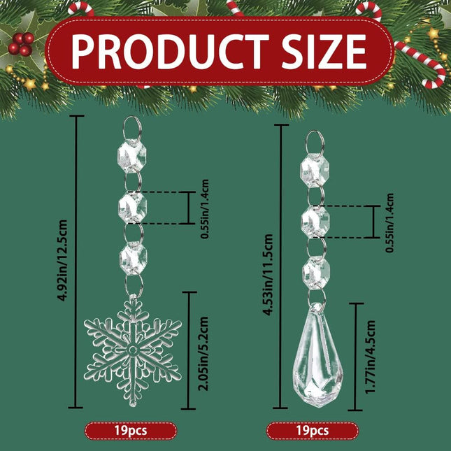 YUJUN 38PCS Christmas Tree Crystal Decorations Winter Snowflakes Christmas Icicle Drops Ornaments Hanging Chandelier Pendants Beads for Xmas Winter Year Wedding Party Decor