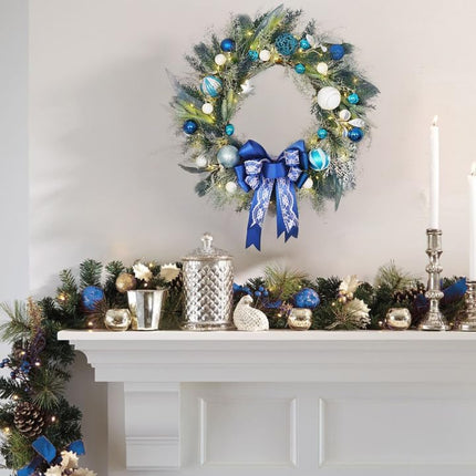 Prelit Christmas Wreath with Blue Bow and Ball Ornaments 22 Inch Christmas Wreath with Lights for Front Door Battery Operated Timer 40 LED Lights, Holiday Decoration for Fireplace Xmas Decor