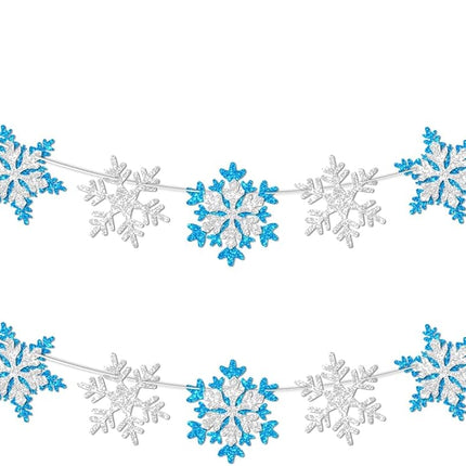 Glitter Frozen Snowflake Garland Decorations Banner Winter White and Blue Snowflakes Banner Decorations for Wonderland Frozen Party Decorations, Birthday and Christmas Deco