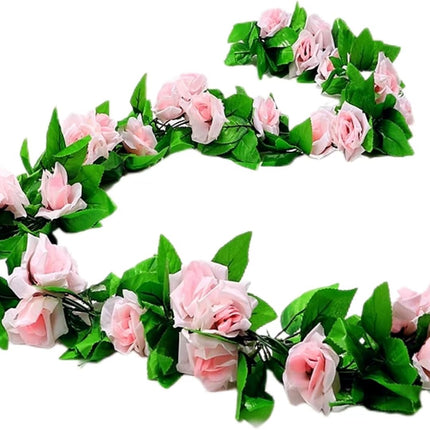 5Pcs39FT Pink Flower Garland, Artificial Indoor/Outoor Flower Garland with Green Leaf, Rose Garland Decorations for Proposal Anniversary Wedding Birthday Party Arc Christmas Wall Backdrop