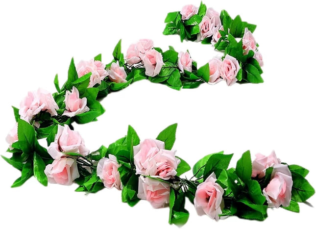 5Pcs39FT Pink Flower Garland, Artificial Indoor/Outoor Flower Garland with Green Leaf, Rose Garland Decorations for Proposal Anniversary Wedding Birthday Party Arc Christmas Wall Backdrop