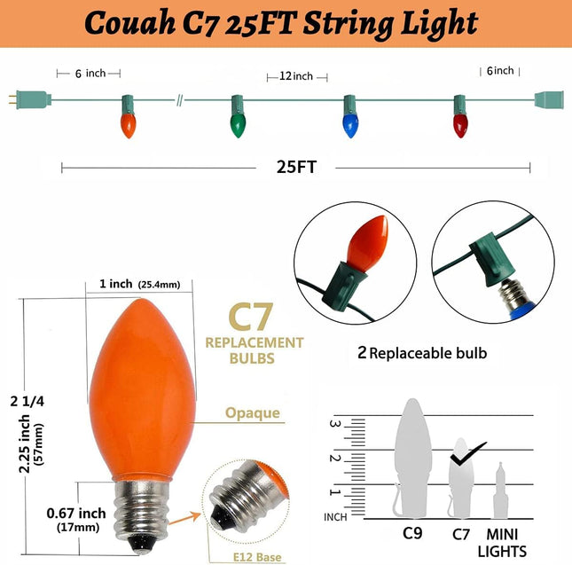 25Ft Multicolor Christmas Lights for Outside, C7 Outdoor Patio String Lights with 27 Multicolor Ceramic Bulbs(2 Spare), Hanging Outdoor String Lights for Outdoor Roofline Xmas Decorations- Green Wire