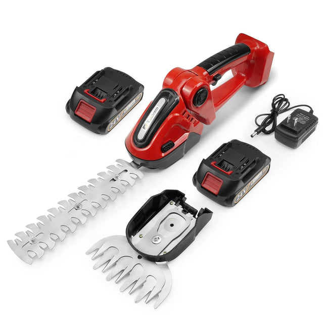Hedge Trimmer Cordless, TOOVEM 2 in 1 Handheld Cordless Grass Shear with 2 Pcs Rechargeable Batterys and Charger, 24V Electric Weed Grass Cutter Shrubbery Trimmer for Garden, Lawn (Red)