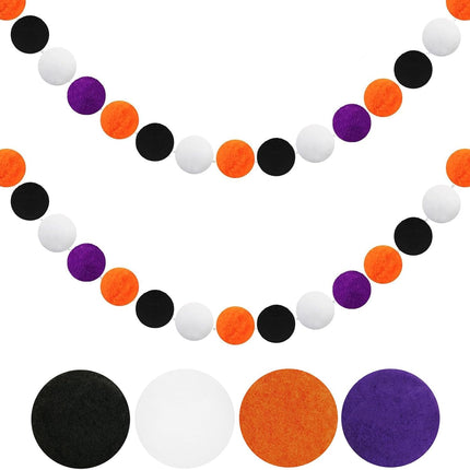 Halloween Garland, 1.2" Large Pompom Garland Black Orange Purple White, 16.4Ft 60 Pompom Ball Garlands, 2Packs Halloween Pompom Garlands for Halloween Party, Home and School Decor