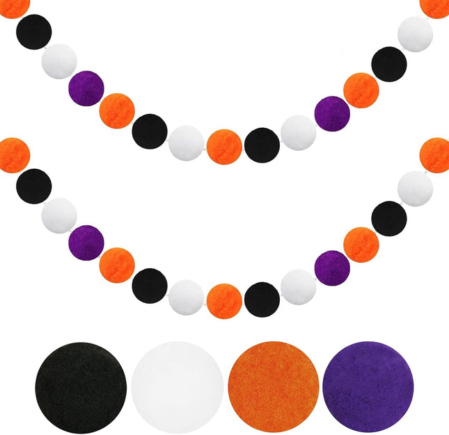 Halloween Garland, 1.2" Large Pompom Garland Black Orange Purple White, 16.4Ft 60 Pompom Ball Garlands, 2Packs Halloween Pompom Garlands for Halloween Party, Home and School Decor