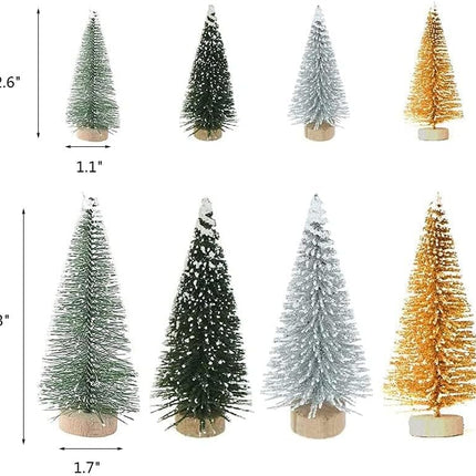 Miniature Pine Trees 8 Pcs Sisal Frosted Christmas Trees Snow-Covered with Wood Base Christmas Tree Set Tabletop Trees for Miniature Scenes, Christmas Crafting and Designing, Mixed Size