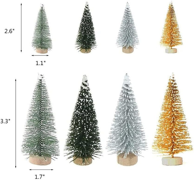 Miniature Pine Trees 8 Pcs Sisal Frosted Christmas Trees Snow-Covered with Wood Base Christmas Tree Set Tabletop Trees for Miniature Scenes, Christmas Crafting and Designing, Mixed Size