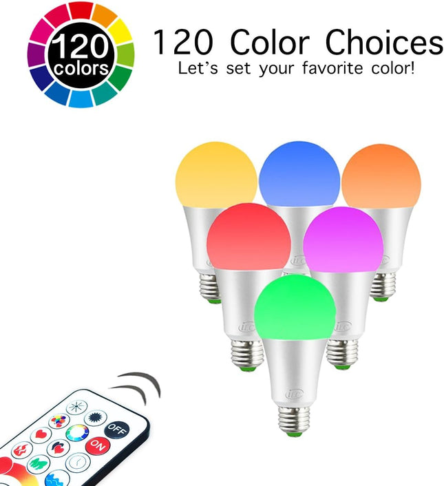 ILC LED Color Changing Light Bulb, 120 Colors, 5700K Daylight White, 70 Watt Equivalent with Remote Control RGBW RGB Daylight and White – Timing Function - A19 E26 Edison Screw (2 Pack)