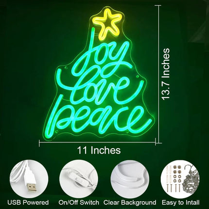Christmas Neon Signs Joy Love Peace Xmas LED Neon Light USB &Battery Powered Hanging Christmas Decorations Indoor Green Christmas Light Up Sign for Bedroom Kids Room Living Room Shop Window Decor