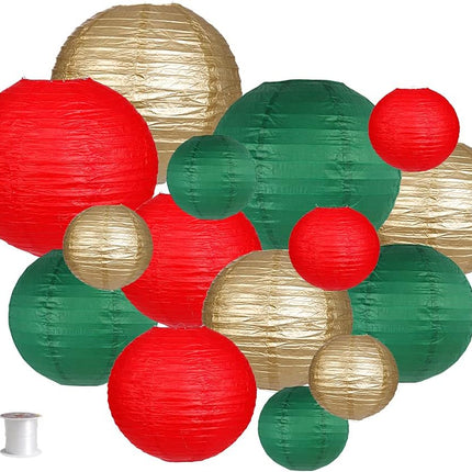 Paper Lanterns Decorative, Round Hanging Paper Lanterns Decorations for Christmas Graduation Anniversary Birthday Party Supplies Green/Red/Gold 15pcs