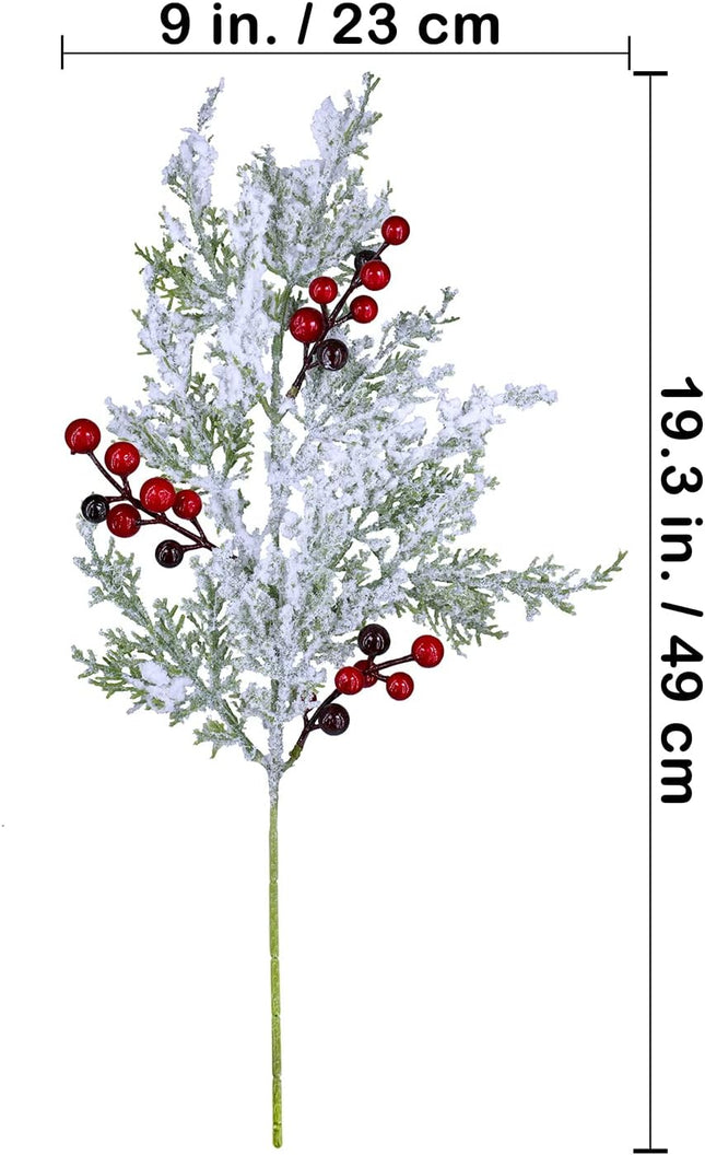 Winlyn 6 Pcs Snowy Artificial Cedar Picks with Red Berries Frosted Faux Cedar Sprays Christmas Cedar Greenery Branches Stems for Christmas Tree Wreath Floral Arrangement Vase Winter Holiday Décor