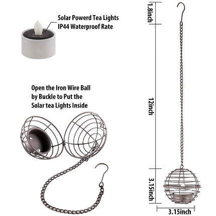 Solar Hanging Lanterns Outdoor Waterproof, Rust Iron Ball Candle Holder with Flickering Solar Powered Tea Lights, Perfect Chargeable Solar Lights for Backyard Patio Garden Fence Tree Decoration-4Pack