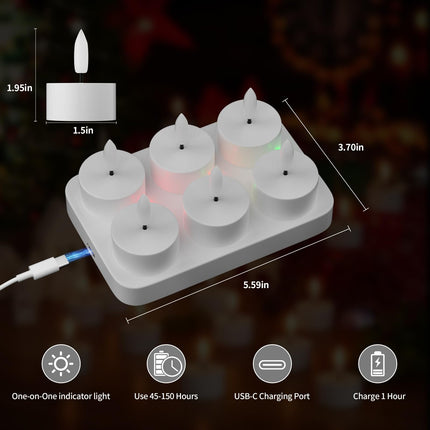 Rechargeable Flameless Tea Lights Candles with Charging Station 6Pcs Battery Tea Lights Candles with Remote & Timer LED Tealight Candles Flickering Realistic for Home Christmas Wedding Decor - White