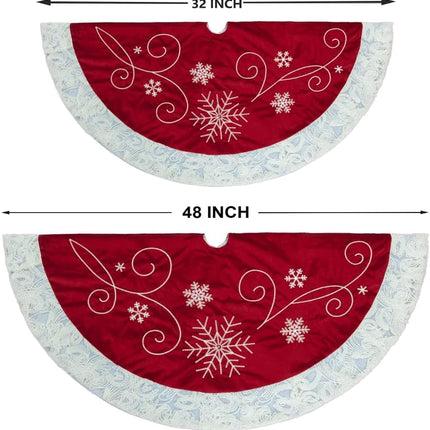 Christmas Tree Skirt, 32 Inch Red Velvet Tree Skirt with Embroidered Snowflakes Sequins White Trim Border, Holiday Party Tree Decoration