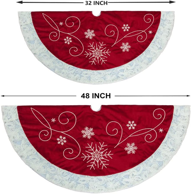 Christmas Tree Skirt, 32 Inch Red Velvet Tree Skirt with Embroidered Snowflakes Sequins White Trim Border, Holiday Party Tree Decoration