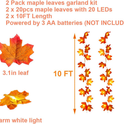 Fall Garland 20Ft 40 LED Lighted Maple Leaf String Lights for Fall Decor Thanksgiving Decoration Halloween Decor (2 Pack)