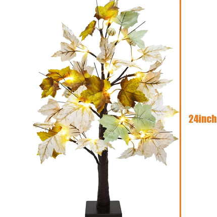 Uieke 2 Packs 24inch Artificial Lighted Fall Maple Tree 48 LED Fall Decor Table Lights with 6 White Pumpkins Battery Operated Timer, Fall Decorations or Home Thanksgiving Autumn Harvest (Green White)