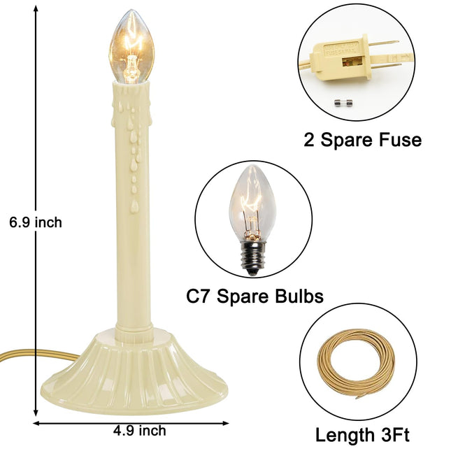 1 Light Christmas Window Candle,2 Pack Flameless Electric Christmas Candle Lights with 4 C7 Clear Bulbs(2 Spare), Plug in Electric Candles for Indoor Window Table Party Christmas Decorotions, Ivory