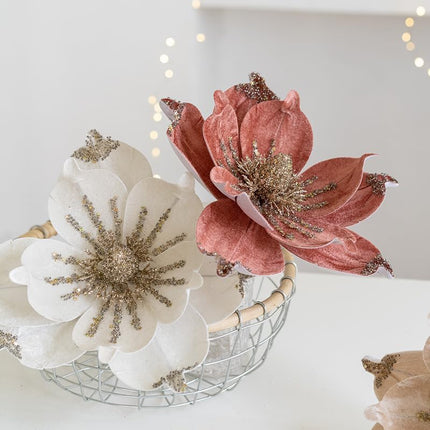 6 Pcs Christmas Glitter Magnolia Flower Artificial Poinsettia Magnolia Flowers with Stem 9.4inch Christmas Tree Magnolia Flowers for Xmas Wedding Holiday Decor Wreath Garland Photo Prop (Pink)