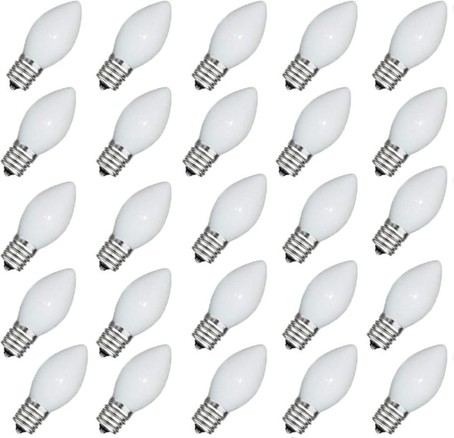 GOOTHY 25 Pack C7 White Replacement Bulbs, Ceramic C7 White Light Bulbs for Christmas Outdoor Patio Indoor String Lights, C7/E12 Candelabra Base, 5 Watt Night Light Bulbs- White