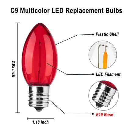 25 Pack Multicolor C9 LED Christmas Replacement Bulbs, C9 Old Christmas String Light Bulbs for Outdoor String Lights, E17 Base LED Night Light Bulb, 0.6W Dimmable LED Bulb