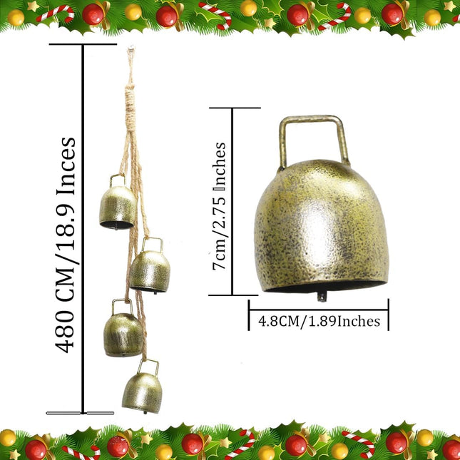 Christmas Bells for Decoration, Gold Bells Metal Vintage Bells with Jute Hanging Rope, Christmas Cow Bells Perfect for Doors, Windows, Wreaths, Living Rooms, Christmas Trees,Gardens(1Set/4 Gold Bells)