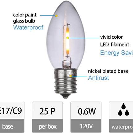 25 Pack C9 White Christmas Replacement Bulbs,E17 Screw Base, White Light,120V/ 0.6W Bulbs, Waterproof Glass LED Bulbs for Indoor Outdoor Xmas Holiday Decoration String Lights,Warm White