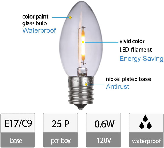 25 Pack C9 White Christmas Replacement Bulbs,E17 Screw Base, White Light,120V/ 0.6W Bulbs, Waterproof Glass LED Bulbs for Indoor Outdoor Xmas Holiday Decoration String Lights,Warm White