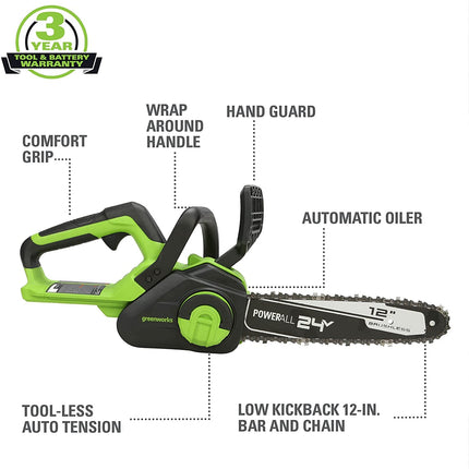 Greenworks 48V (2 x 24V) Cordless Axial Blower (515 CFM / 125 MPH), (2) 2.0Ah Batteries and Dual Port Charger with 24V Chainsaw