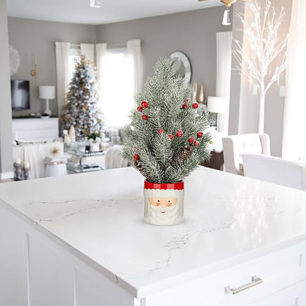 Small Christmas Tree Tabletop Snowman Potted Plants with Vase 14.2" Artificial Mini Xmas Tree Decorations Slim Pine Needles Plant with Christmas Ball Ornaments Berries Pine Cones Home Christmas Decor
