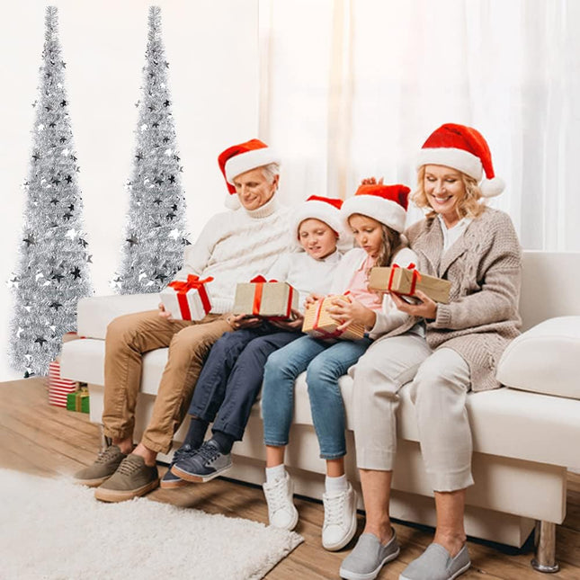 QUIENKITCH 6FT Pop Up Artificial Christmas Tree, Collapsible Sliver Tinsel Christmas Tree, Foldable Tall Skinny Pencil Xmas Tree for Holiday Xmas Fireplace Party Decor
