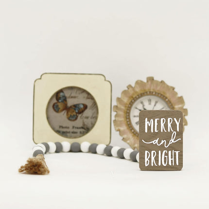 Merry and Bright Farmhouse Beads with Tassel, Rustic Wooden Beads Decor, Wooden Bead Garland for Tiered Tray, Tabletop, Shelf, Christmas Tree