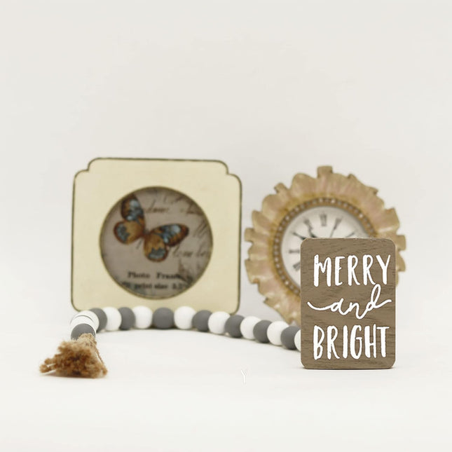 Merry and Bright Farmhouse Beads with Tassel, Rustic Wooden Beads Decor, Wooden Bead Garland for Tiered Tray, Tabletop, Shelf, Christmas Tree