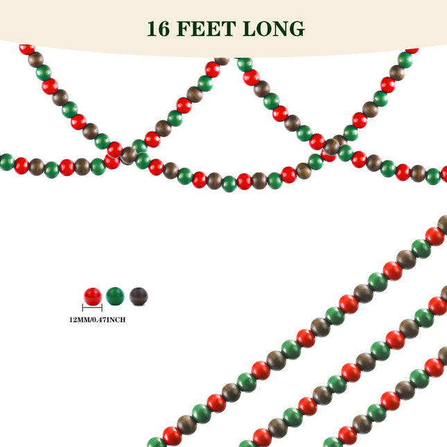 16 Feet Christmas Wooden Beads Garland, Red/Green/Brown Vintage Christmas Tree Bead Garland Farmhouse Fall Decor for Home and Festival Decoration