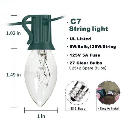 C7 Christmas Lights, 25Ft C7 Clear Christmas String Lights, Halloween Lights with 27 Incandescent Bulbs for Indoor Outdoor Xmas Tree, Patio Garden Holiday Party Season Decor, Green Wire