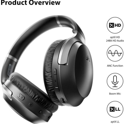 Avantree Aria Pro aptX-HD Bluetooth 5.0 Active Noise Cancelling Headphones with Boom Microphone for Music & Calls, SSD Option, Low Latency Over Ear Wireless & Wired Headset for Phone Computer Laptop