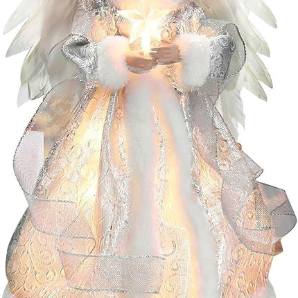Angel Tree Topper, 12.6In Angel Figurines Treetop Led Christmas Tree Top Ornament Fabric Light Up Angel Decorations for Home Party Decorations (Silver-Warm Light)