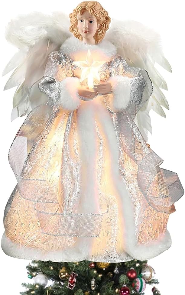 Angel Tree Topper, 12.6In Angel Figurines Treetop Led Christmas Tree Top Ornament Fabric Light Up Angel Decorations for Home Party Decorations (Silver-Warm Light)