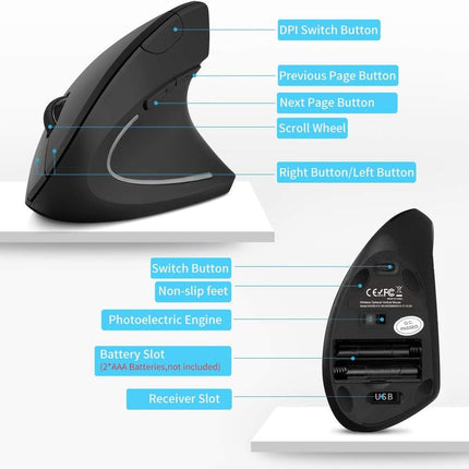 Ergonomic Mouse Wireless,Ergo Mouse Vertical Mouse 6 Buttons 3 Adjustable DPI 1000/1200/1600 Levels,Sideways Mouse Right Handed for PC Laptop（Battery Black