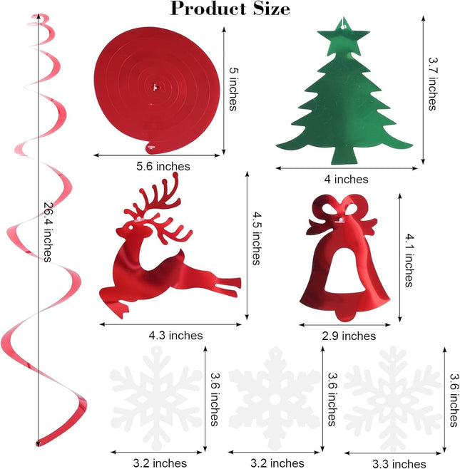 30 Pcs Christmas Hanging Foil Swirl Decorations Set, Xmas Hanging Reindeer Snowflake Green Christmas Tree Bell Swirls Decorations, Hanging String Garland for Indoor Holiday Winter Wall Party Office