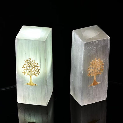 CNYANFEI 8” White Selenite Lamp with Tree of Life Etched Square Satin Spar Crystal Light for Table Decor