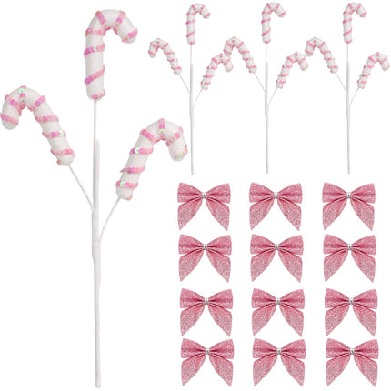 4Pcs Glitter Sequins Candy Cane Sprays with Bows Ornaments Christmas Tree Decorations Picks Striped Stems for Xmas Tree Topper Vase Fillers DIY Crafts Home Party Supplies 14 Inch Long (Pink & White)