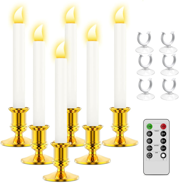 RONXS Window Candles, LED Taper Candles with Timer, Flickering Flameless Candles with Remote Battery Operated Candles, Indoor Christmas Decorations (6 Pcs Gold)
