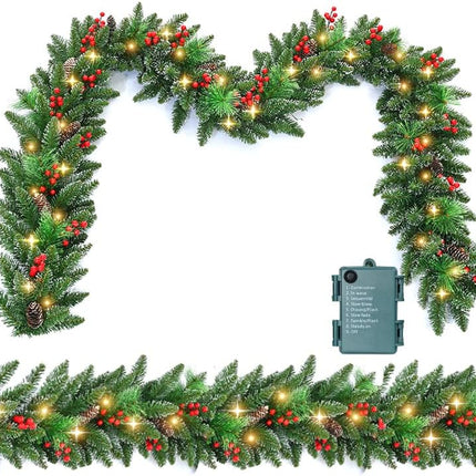 9 FT Prelit Christmas Garland with Lights, Battery Operated Lighted Garland with Pine Cones Red Berries, Christmas Decor Mantle Fireplace Indoor Outdoor Winter Decoration