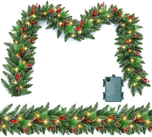 9 FT Prelit Christmas Garland with Lights, Battery Operated Lighted Garland with Pine Cones Red Berries, Christmas Decor Mantle Fireplace Indoor Outdoor Winter Decoration