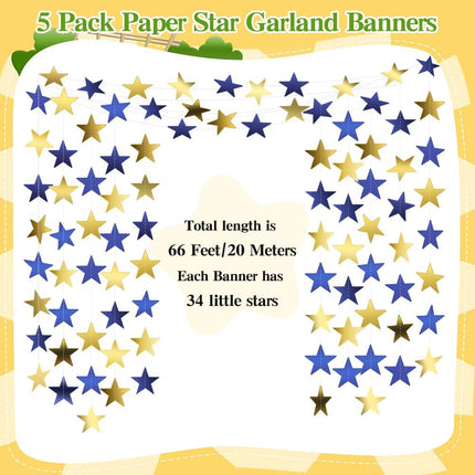 Star Garland, Star Garland Banner, 5PCS 66 Feet Double Side Star Hanging Bunting Banner Backdrop Little Star Paper Hanging Decor for Birthday Wedding Baby Shower Christmas Party Decorations, Blue Gold