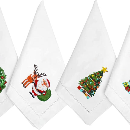 Embroidered Cotton Table Napkin, Cloth Napkins Set of 4 18"x18" Mix Snowman & Laurel Wreath Christmas Napkin, Dining Room, Napkins Cloth Machine Washable, Christmas Napkins, Great Present Ideas